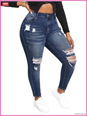 Plus Size High Waisted Stretchy Skinny Ripped Jeggings Denim Jeans